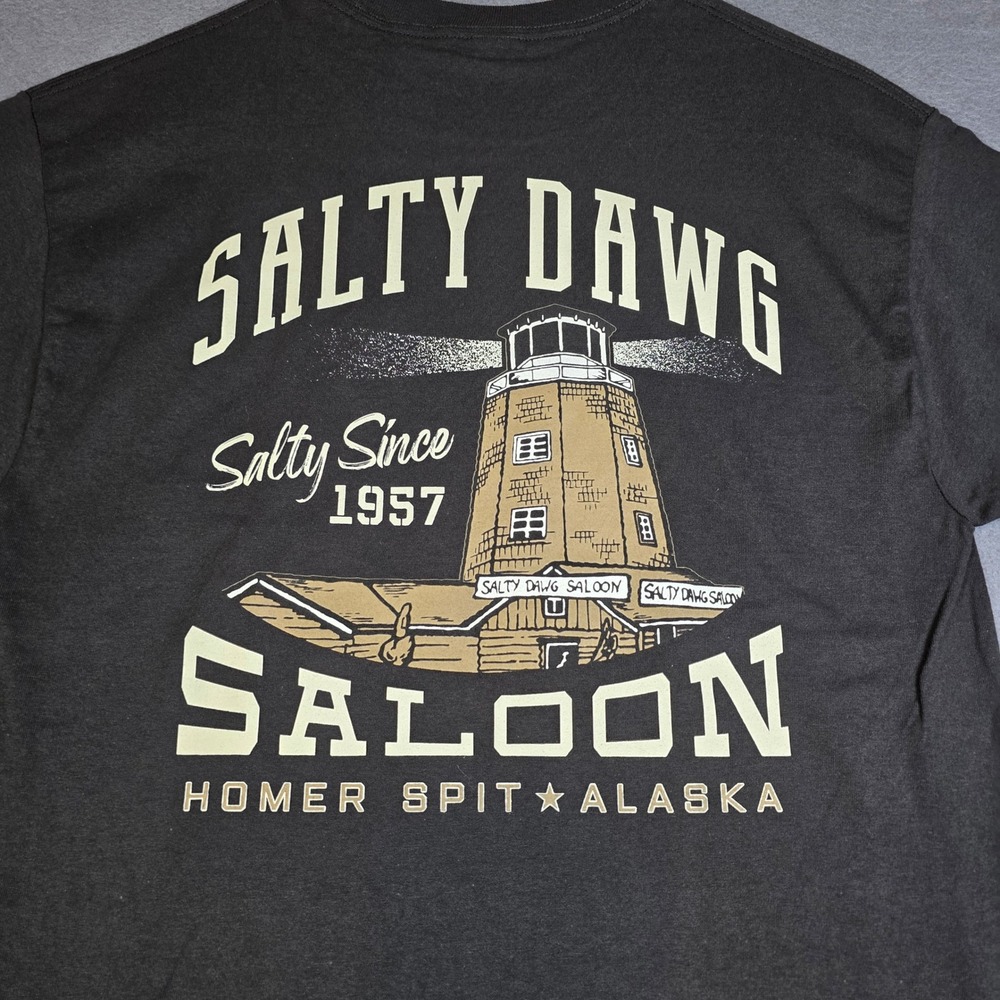 Hanes Salty Dawg Saloon Mens Medium Black Graphic Pocket T-Shirt Alaska